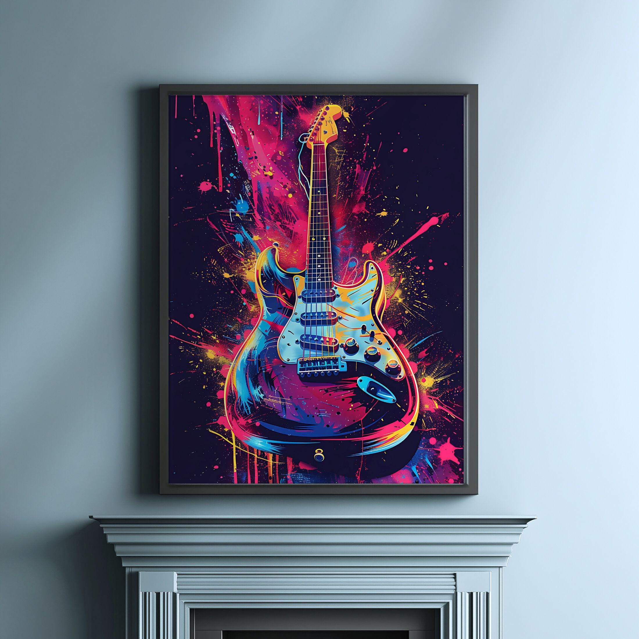 Electric Guitar Pop Art Print: Neon Music Room Decor (commercial