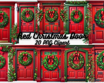 Red Christmas Door Clipart - 20 Festive Christmas Illustrations for Cards, Stickers, Invitations & Crafts
