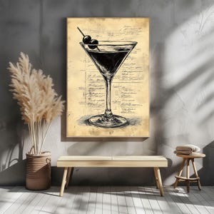 Croquis de martini classique, art du cocktail noir et blanc intemporel, élégant verre à martini avec olive, esthétique de menu de bar vintage