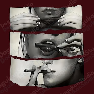 May include: Monochrome artwork showing a person rolling, lighting, and smoking a cigarette. The image is split into three horizontal panels, focusing on close-up views of the person's face and hands. The background is a dark red colour.