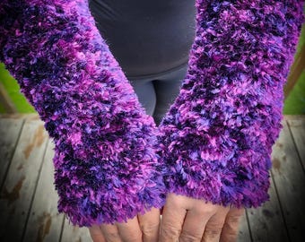 Hand-Knit Faux Fur Arm-Warmers, Purple Fingerless Gloves, Texting Gloves, Elbow-Length, 100% Polyester