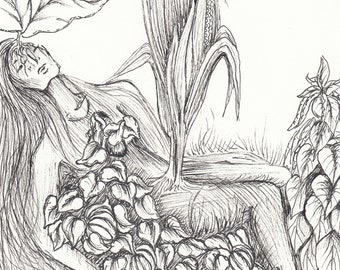 Original Art: Symbolist Ink Drawing - Four Sacred Plants, Black and White, Astrology, Astrological, Divinatory Drawing, Creation Stories