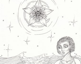 Original Art: Symbolist Ink Drawing - Woman with Gentian Flowers, Black and White, Astrology, Astrological, Divinatory Drawing, Magic