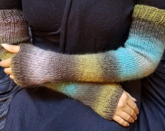 Hand-Knit Arm-Warmers, Aqua/Lavender/Spring Green, Fingerless/Texting Gloves, Opera-Length, 100% Wool, Mori Kei/Outlander/Cottagecore