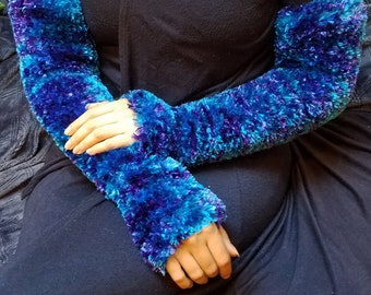 Custom Hand-Knit Faux Fur Arm-Warmers, Made-to-Order, Choose Colors, Fingerless/Texting Gloves, Opera-Length, 100% Polyester