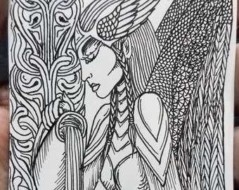 Original Art: Valkyrie Pouring Mead, Inktober 2021 Ink Drawing ACEO (Art Card), Black-and-White, Miniature Art, Trading Card Sized