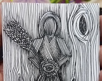 Original Art: Corn Dolly, Harvest, Folk Art, Inktober 2021 Ink Drawing ACEO (Art Card), Black-and-White, Miniature Art, Trading Card Sized