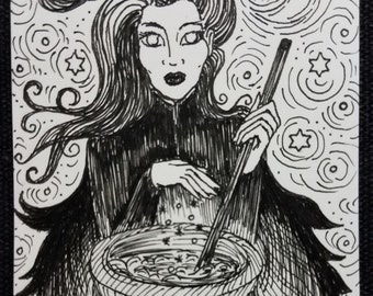 Original Art: Witch and her Cauldron, Inktober 2021 Ink Drawing ACEO (Art Card), Black-and-White, Miniature Art, Trading Card Sized