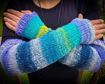 Hand-Knit Arm-Warmers, Aqua/Blue/Green/Lavender/White/Yellow, Fingerless Gloves, Opera-Length, 100% Wool
