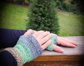 Hand-Knit Variegated Green/Grey/Brown Fingerless Gloves/Texting Gloves, Blend of Wool, Silk, & Viscose