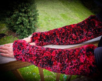 Hand-Knit Arm-Warmers Faux Fur, Red and Black, Fingerless/Texting Gloves, Opera-Length, 100% Polyester