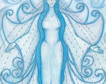 Original Art: "Rain Goddess" 8' x 10' Coloured Pencil Drawing, Blue Woman, Clouds, Tears, Water, Icon, Devotional Art, Pagan, Ancestry, OOAK