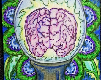 Original Art: "Pickled Brain," Colorful, Ink and Colored Pencil Drawing ACEO (Art Card), Miniature Art, Trading Card Sized