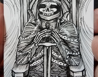 Original Art: Skeleton Knight, Inktober 2021 Ink Drawing ACEO (Art Card), Black-and-White, Miniature Art, Trading Card Sized, Gothic Horror