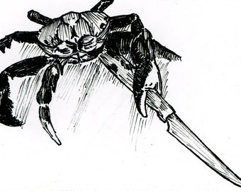 Original Art: "Stabby Crab," Meme Art, Ink Drawing ACEO (Art Card), Black-and-White, Miniature Art, Trading Card Sized