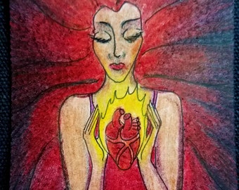 Original Art: "The Fire Within," Trans Woman in Red with Heart, Colored Pencil Drawing, ACEO (Art Card), Miniature Art, Trading Card Sized