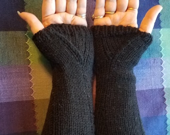 Hand-Knit Black Fingerless Gloves/Texting Gloves, 100% Acrylic, Mori Kei/Forest Girl/Outlander/Cottagecore