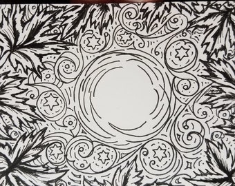 Original Art: Full Moon and Maple Leaves, Inktober 2021 Ink Drawing ACEO (Art Card), Black-and-White, Miniature Art, Trading Card Sized