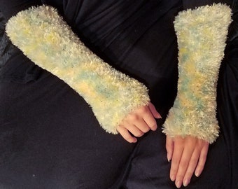 Hand-Knit Arm-Warmers, Fingerless/Texting Gloves, Elbow-Length, Aqua/Peach/White/Yellow Eyelash/Faux Fur, 100% Polyester Mori Kei/Cyber