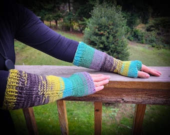 Hand-Knit Variegated Green/Grey/Aqua Fingerless Gloves/Texting Gloves, 100% Acrylic
