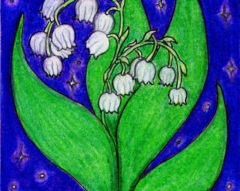 Original Art: "Lily of the Valley - Full Moon in Virgo" Colored Pencil Drawing, ACEO (Art Card), Miniature Art, Trading Card Sized