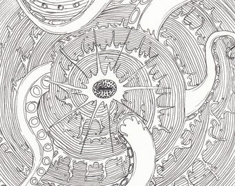 Original Art: Symbolist Ink Drawing - Tentacles, Ocean, Kraken, Black/White, Astrology, Astrological, Divinatory Drawing, August 20th 2015