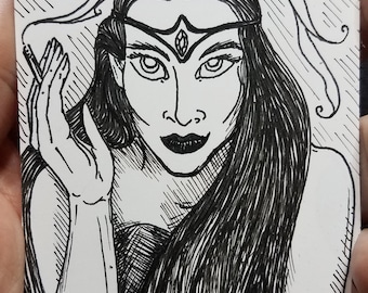 Original Art: Queen of Spades, Femme Fatale, Inktober 2021 Ink Drawing ACEO (Art Card), Black-and-White, Miniature Art, Trading Card Sized
