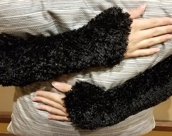 Hand-Knit Faux Fur Arm-Warmers, Black Fingerless Gloves, Texting Gloves, Elbow-Length, Mori Kei, Cyberpunk, Goth, 100% Polyester
