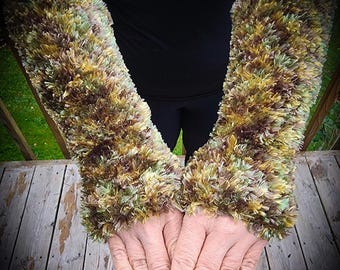 Hand-Knit Faux Fur Arm-Warmers, Green & Brown Fingerless Gloves, Texting Gloves, Elbow-Length, 100% Polyester