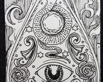 Original Art: Planchette, Ouija, Spirits, Inktober 2021 Ink Drawing ACEO (Art Card), Black-and-White, Miniature Art, Trading Card Sized