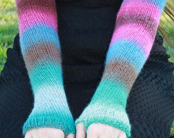 Hand-Knit Arm-Warmers, Aqua/Green/Blue/Fuchsia/Brown, Fingerless Gloves/Texting Gloves, Opera-Length, 100% Wool, Mori Kei/Outlander