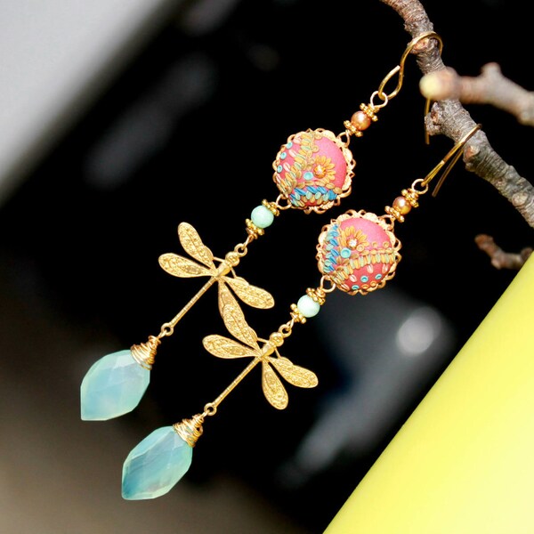 Peruvian Opal Chalcedony jewelry, Amazonite,golden pearl, clay floral on Vintage brass filigree dragonfly gold earrings - The DragonFly Gal