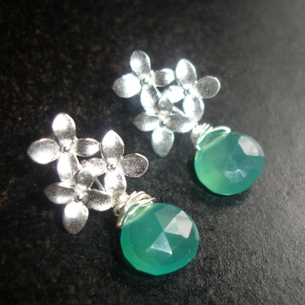 Paraiba Blue Chalcedony earrings with white Gold matte Flowers earring - The Blue Sakura