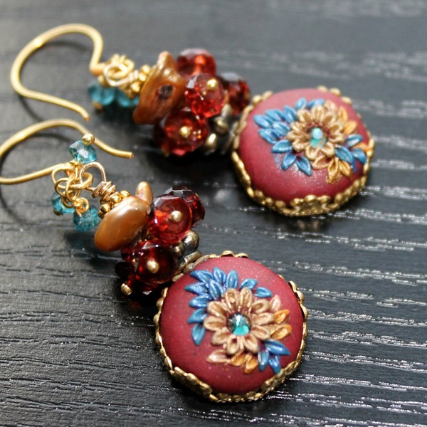 AA Pyrope Garnets, London Blue Topaz cluster Gold earrings - With 24k bali vermeil and Vintage Brass - The Siren