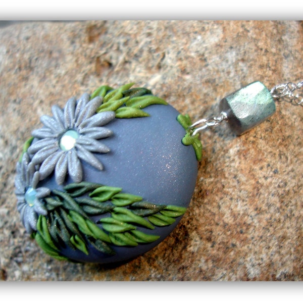 Labradorite Necklace with Polymer Clay pendant and swarowski crystal in sterling silver - Midnight Garden