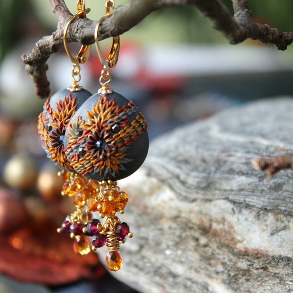 Sapphire, Garnet and Andalusite gemstone cluster clay floral  gold earrings - Spicy Cinnamon Nights of Autumn