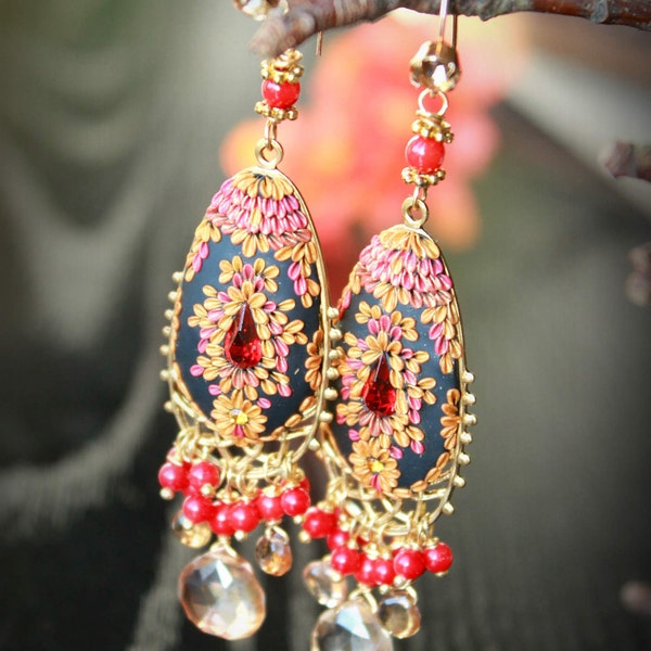 Tundra Sapphire, Coral and champagne quartz earrings on lovely brass finding - vintage swarowski Clay floral earring - El baile flamenco