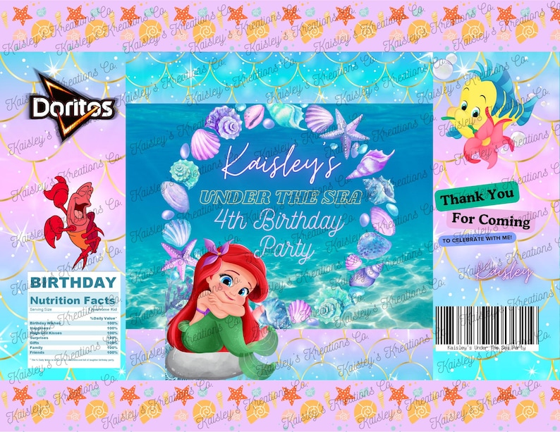 Under the sea theme featuring Baby Ariel with Flounder and Sebastian. It includes birthday nutrition facts chart and a customized bar code.