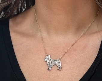French Bulldog Pendant, with etched skeleton in brass or sterling silver