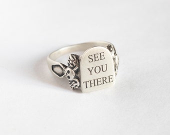 Custom Gravestone Ring, hand carved with winged skulls and coffin details