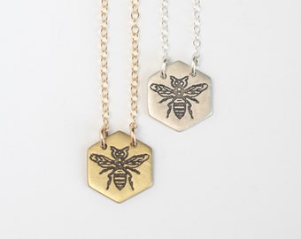 Hexagon Pendant Etched with Tiny Bee, necklace in brass, gold, or sterling silver