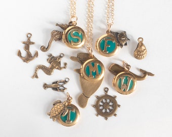 Nautical or Ocean-Themed Tiny Gold Photo Locket with Personalized Initial, choose manatee, seahorse, whale, anchor, fish, oyster, or others