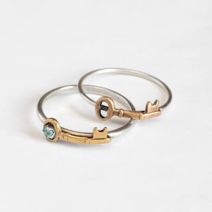 Tiny Boho Brass Key Ring on Delicate Silver Band, with or without gemstone