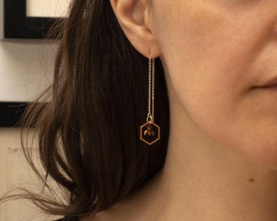 Bee in Hexagon Threader Earrings 