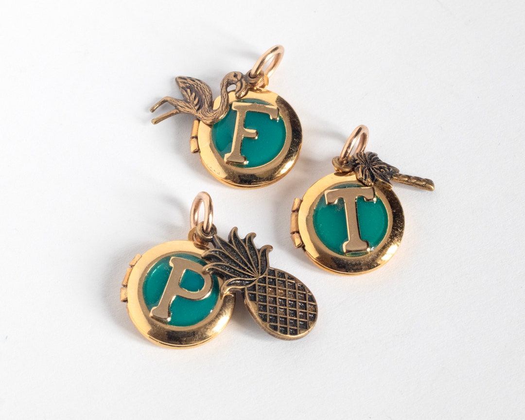 Personalized Initial Gold Locket, With a Tropical Theme Brass Charm ...