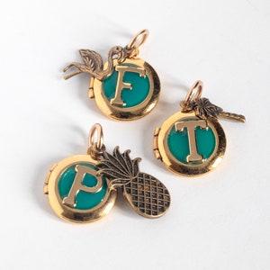 Group of small gold round lockets, with initials set in teal blue resin. Each has a tropical-themed brass charm- flamingo, palm tree, and pineapple. Flat on a white background.
