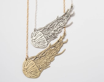 Silver or brass jellyfish necklace, with etched details