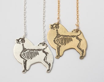 Pomeranian Skeleton Etched Necklace, in brass or sterling silver