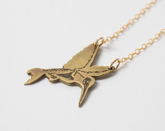 Etched Hummingbird Skeleton Necklace, in brass on gold-filled chain