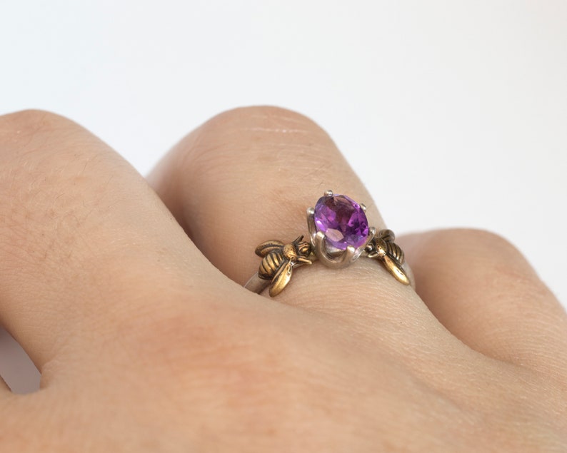 Amethyst Gemstone Honeybee Ring, Bee Jewelry, February Birthstone or Alternative Engagement Ring, Purple Stone Solitaire Ring image 4